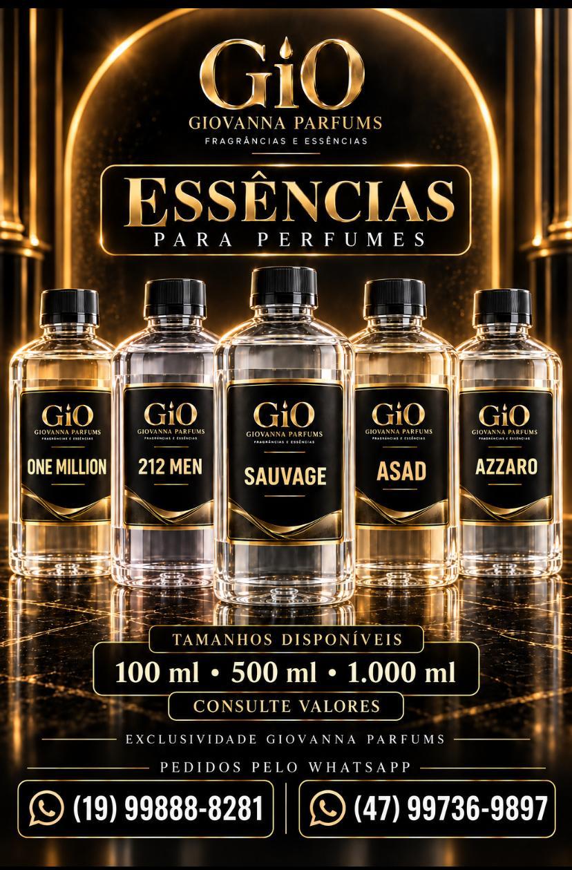 Essências para perfumes da Gio Giovanna Parfums, em 100, 500 e 1.000 ml